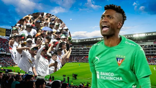 Hinchas de Liga de Quito y Alexander Domínguez en el Estadio Rodrigo Paz (Foto tomada de: Liga de Quito/API)