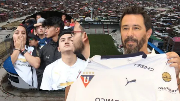 Hinchas de Liga de Quito y Pablo Sánchez (Foto tomada de: Municipalidad El Alto/Liga de Quito)