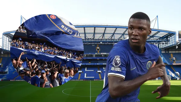 Hinchas del Chelsea y Moisés Caicedo (Foto tomada de: The Sun/Chelsea)