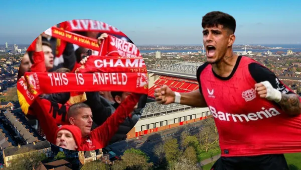 Hinchas del Liverpool y Piero Hincapié (Foto tomada de: Goal/Bundesliga/TyC Sports)