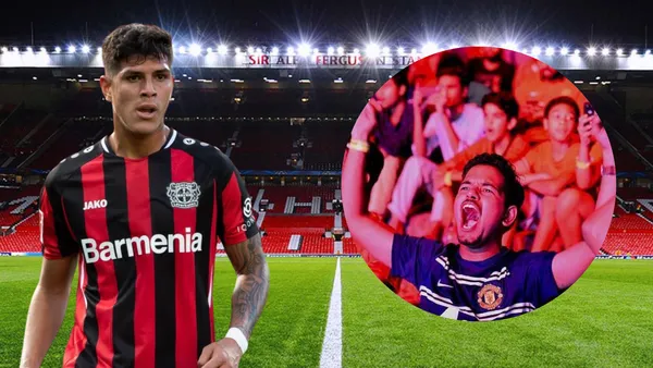 Hinchas del Manchester United y Piero Hincapié (Foto tomada de: Piero Hincapié/DFDS/ABC)