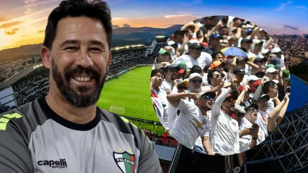 Hinchas Liga de Quito y Pablo Sánchez (Foto tomada de: Liga de Quito/Palestino)