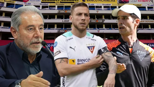 Isaac Álvarez, Josep Alcácer y Ezequiel Piovi en el Estadio Rodrigo Paz (Foto tomada de: Liga de Quito/API)