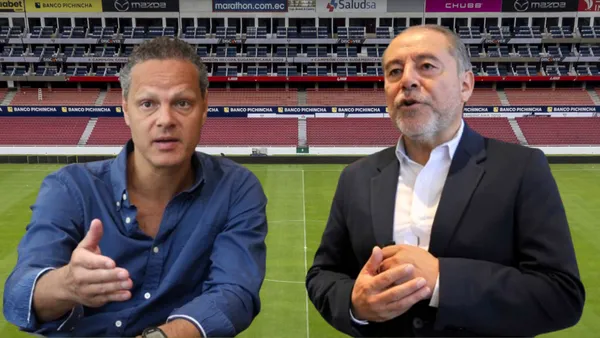 Isaac Álvarez y Esteban Paz en el Estadio Rodrigo Paz Delgado (Foto tomada de: Primicias/Liga de Quito)