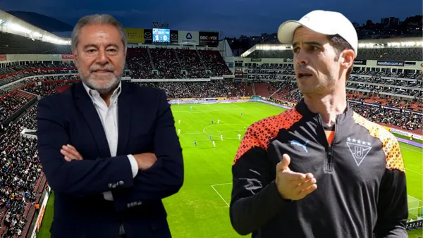 Isaac Álvarez y Josep Alcácer en el Estadio Rodrigo Paz Delgado (Foto tomada de: Primicias/Liga de Quito)