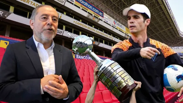 Isaac Álvarez y Josep Alcácer en el Estadio Rodrigo Paz (Foto tomada de: Liga de Quito/Conmebol)