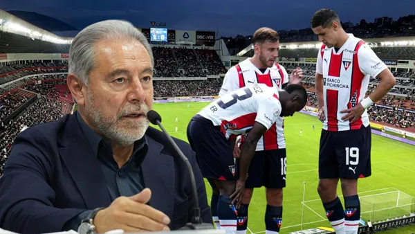 Isaac Álvarez y jugadores de Liga de Quito (Foto tomada de: Primicias/API/Liga de Quito)