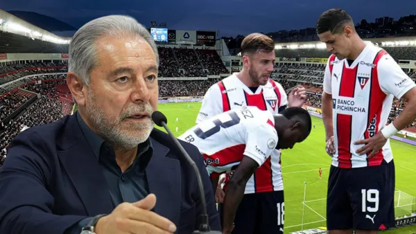 Isaac Álvarez y jugadores de Liga de Quito (Foto tomada de: Primicias/Liga de Quito/API)