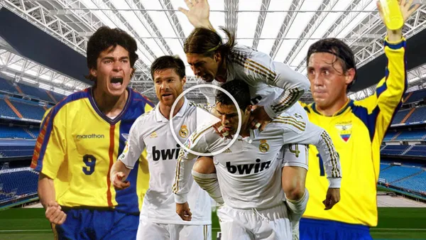 Ivan Kaviedes y Alex Aguinaga festejando, Real Madrid celebra. Foto tomada de: Real Madrid/Historia con Wifi/Conmebol