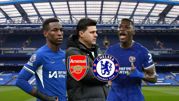 Jackson preocupado, Pochettino molesto, Moisés Caicedo gritando, escudos Arsenal y Chelsea. Foto tomada de: Daily Express/Chelsea FC/DFDS
