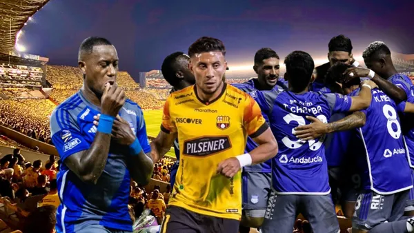 Jaime Ayoví celebrando, Joao Rojas enojado, jugadores Emelec. Foto tomada de: Barcelona SC/Emelec