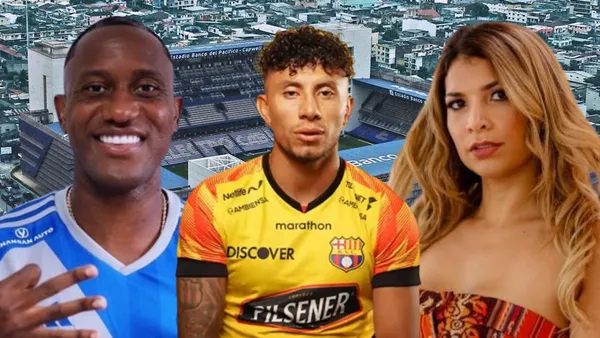 Jaime Ayoví, Joao Rojas y la Samba Alvarado en el Estadio Capwell (Foto tomada de: Wikipedia/Barcelona SC/Samba Alvarado)