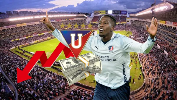 Jan Hurtado celebrando, escudo de LDU, dinero, flecha descendente. Foto de: API/Liga de Quito/Peslogos
