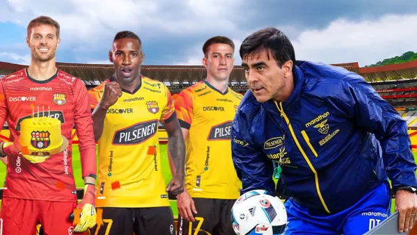 Javier Burrai, William Vargas, Fernando Gaibor sonriendo y Gustavo Quinteros. Foto tomada de: Futbolred/BSC