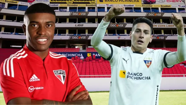 Jhegson Méndez y Mauricio Martínez en el Estadio Rodrigo Paz Delgado (Foto tomada de: La Red/API/São Paulo)