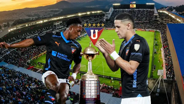 Jhojan Julio jugando, Alex Arce en acción, escudo LDU y Copa Libertadores. Foto tomada de: Liga de Quito