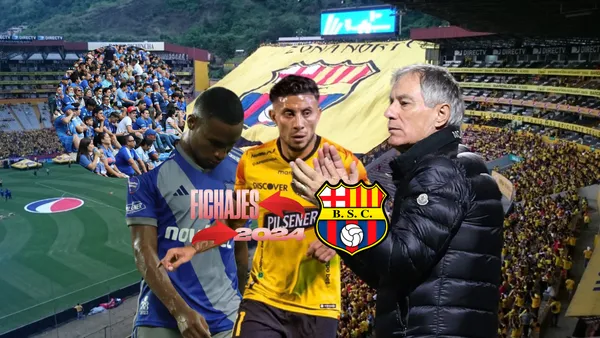 Joao Rojas jugando, Ariel Holan aplaudiendo, hinchas y jugador de Emelec tristes. Foto tomada de: Radio Universidad de Chile/Barcelona SC/API