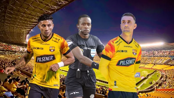 Joao Rojas y Damián Díaz con el árbitro Franklin Congo