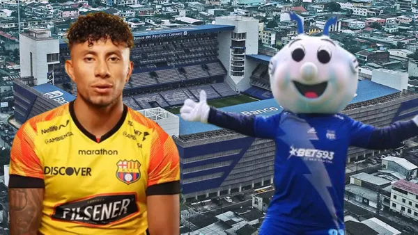 Joao Rojas y la mascota de Emelec en el Estadio Capwell (Foto tomada de: Wikipedia/Emelec/ESPN)