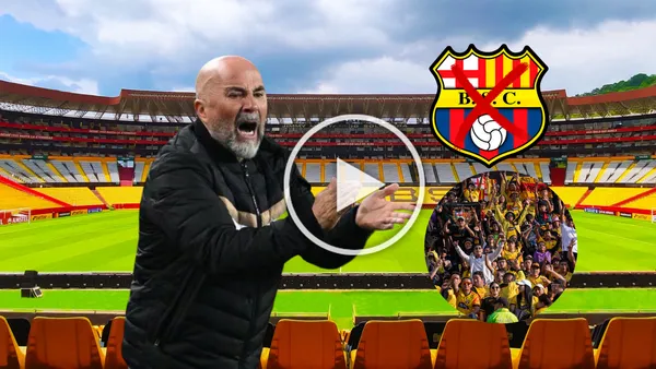 Jorge Sampaoli aplaudiendo, escudo de BSC y su hinchada. Foto tomada de: El Universo/Barcelona SC