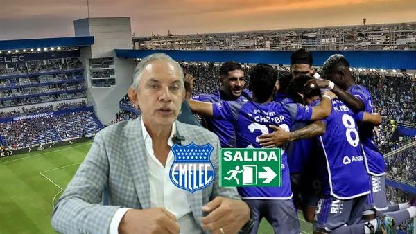 José Pileggi hablando, jugadores de Emelec festejo. Foto tomada de: Havoline Deportivo/Emelec