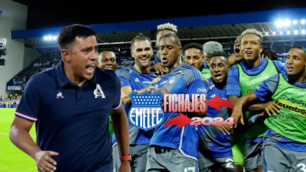 José Pileggi serio, jugadores de Emelec celebrando. Foto tomada de: Emelec/API/Deporvito