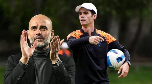 Josep Alcácer, al lado Pep Guardiola, ambos representando a sus equipos. FOTO: Gamevisión Ecuador