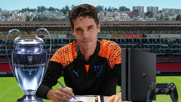 Josep Alcácer alegre en el Estadio Rodrigo Paz Delgado (Foto tomada de: Ecuavisa/Liga de Quito/UEFA)