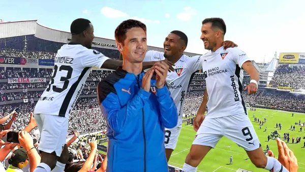 Josep Alcácer aplaudiendo, jugadores de Liga de Quito festejando. Foto de: Liga de Quito