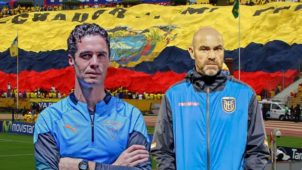 Josep Alcácer cruzado de brazos, Félix Sánchez serio. Foto tomada de: Liga de Quito/La Tri