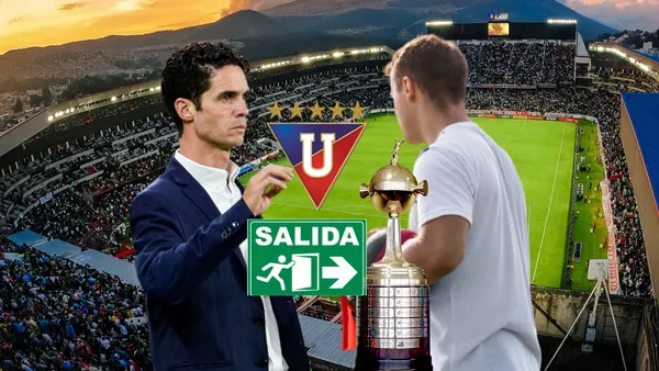 Josep Alcácer dirigiendo, escudo de LDU, posible nuevo entrenador. Foto tomada de: Universidad Isabel/Liga de Quito