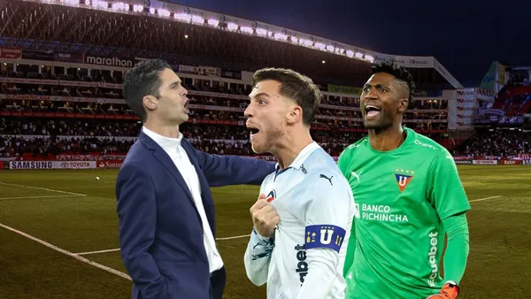Josep Alcácer dirigiendo, Ezequiel Piovi gritando, Alexander Domínguez enojado. Foto tomada de: API/LDU