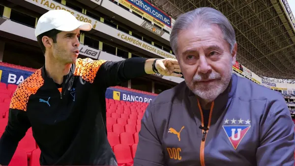 Josep Alcácer e Isaac Álvarez en el Estadio Rodrigo Paz Delgado (Foto tomada de: Liga de Quito/La Red/Ecuavisa)