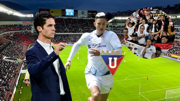 Josep Alcácer enojado, Miguel Parrales jugando. Foto tomada de: Liga de Quito