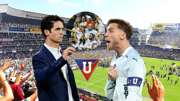 Josep Alcácer, Ezequiel Piovi gritando, escudo LDU. Foto tomada de: Liga de Quito