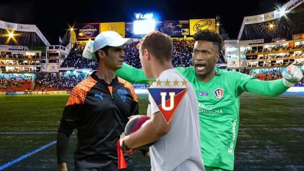 Josep Alcácer, nuevo DT, Alexander Domínguez gritando. Foto tomada de: Liga de Quito/Pes Logos