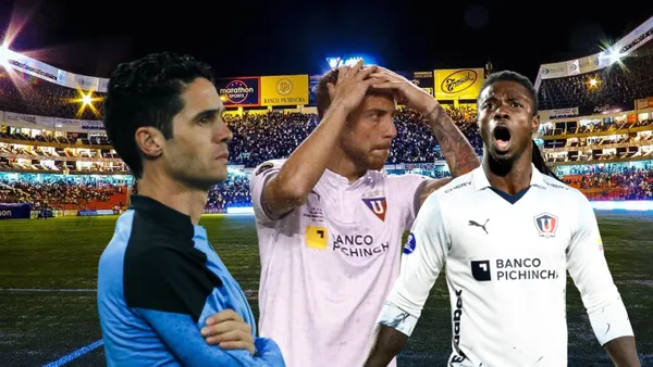 Josep Alcácer preocupado, Ezequiel Piovi con las manos en la cabeza, Ricardo Adé gritando. Foto tomada de: API/LDU