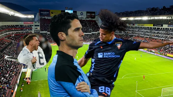 Josep Alcácer preocupado por Marco Angulo y Ezequiel Piovi gritando. Foto tomada de: El Universo/Liga de Quito/Conmebol.