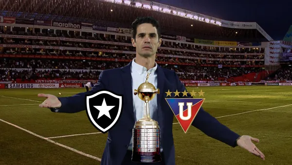 Josep Alcácer reclamando, escudos de Botafogo y LDU y Copa Libertadores. Foto tomada de: Liga de Quito/PESLogos
