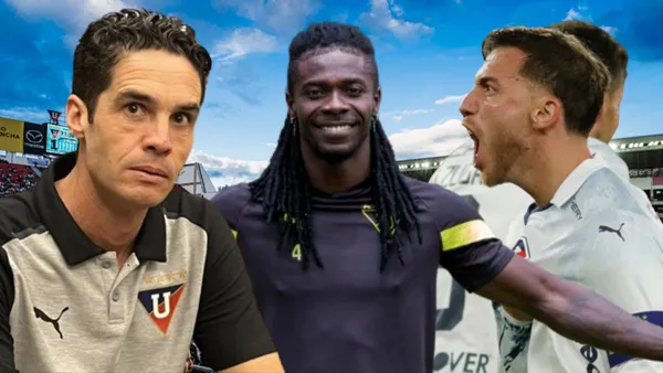 Josep Alcácer, Ricardo Adé y Ezequiel Piovi en el Estadio Rodrigo Paz (Foto tomada de: Liga de Quito/API)