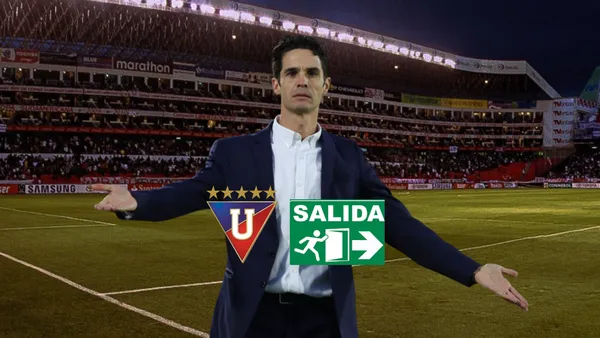 Josep Alcácer sorprendido, escudo de LDU. Foto tomada de: Liga de Quito