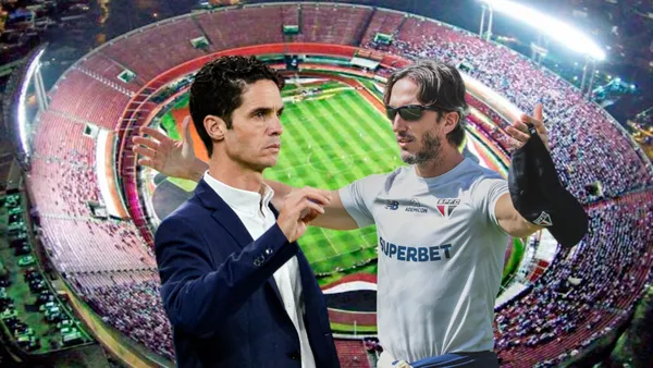 Josep Alcácer sorprendido, Luis Zubeldía con las manos extendidas. Foto tomada de: SPFC Estadísticas/EcuRed