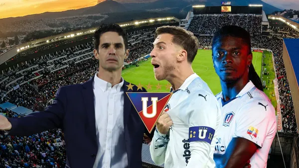 Josep Alcácer triste, Ezequiel Piovi gritando, Ricardo Adé serio. Foto tomada de: Liga de Quito