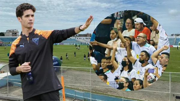 Josep Alcácer y los hinchas de Liga de Quito en el Estadio 9 de Mayo (Foto tomada de: Wikipedia/El Comercio/Liga de Quito)