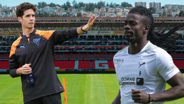 Josep Alcácer y Ricardo Adé en el Estadio Rodrigo Paz Delgado (Foto tomada de: Liga de Quito)