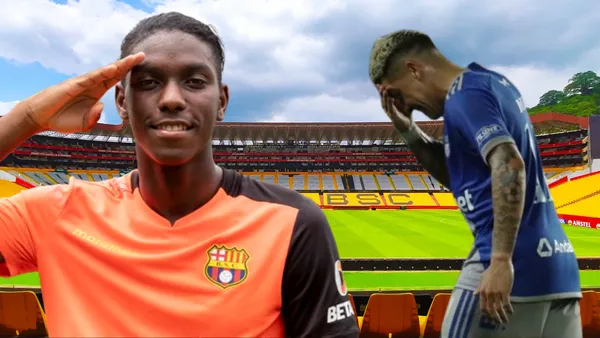 Jugador de Emelec lamentándose y Allen Obando en el Estadio Monumental (Foto tomada de: Barcelona SC/Primicias/API)