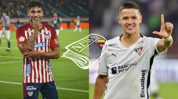 Jugador del Junior celebrando una anotación, al lado Alex Arce delantero de Liga de Quito. FOTO: RPP