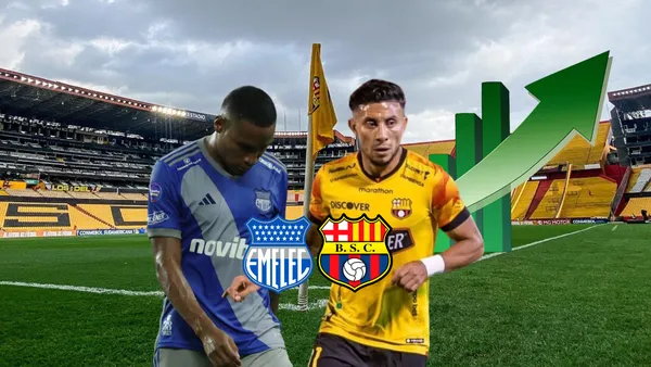 Jugador Valencia de Emelec triste, Joao Rojas jugando, escudos Emelec y Barcelona SC. Foto tomada de: Emelec/Barcelona SC