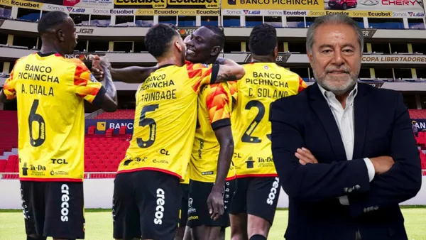 Jugadores de Barcelona SC e Isaac Álvarez (Foto tomada de: Liga de Quito/Primicias/API)