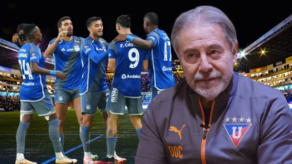 Jugadores de Emelec e Isaac Álvarez (Foto tomada de: Liga de Quito/API)